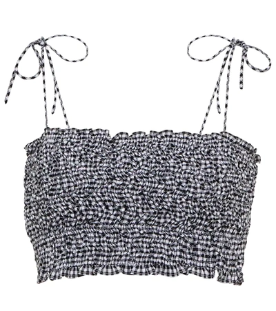 Miu Miu Shirred Gingham Cotton Crop Top In Nero