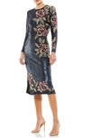Mac Duggal Sequined Asymmetrical Floral Long Sleeve Midi Dress In Midnight