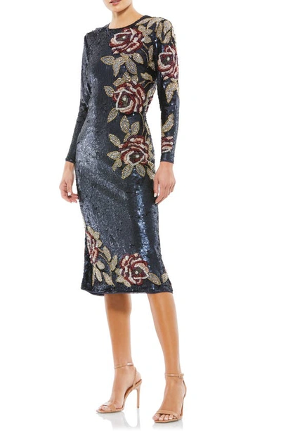 Mac Duggal Sequined Asymmetrical Floral Long Sleeve Midi Dress In Midnight