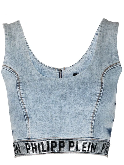 Philipp Plein Logo-underband Denim Crop Top In Blue