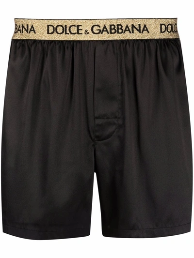 Dolce & Gabbana Logo-waistband Silk Boxer Shorts In Black