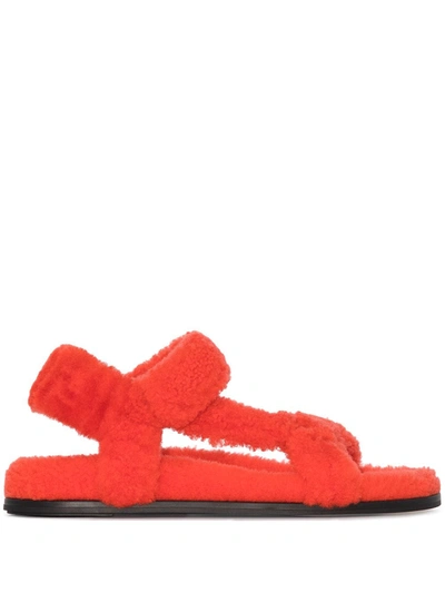 Fendi Signature Shearling Strappy Sandals In Orange