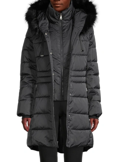 T Tahari Nelly Faux Fur Trim Hooded Puffer Coat In Black