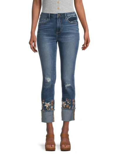 Driftwood Women's Floral Embroidered Rolled Cuff Straight Jeans In Sky Garden