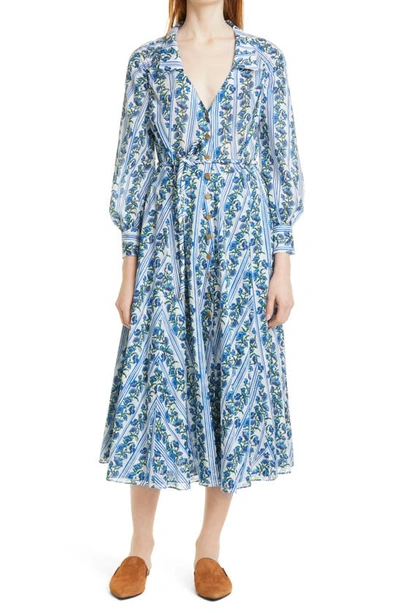 Dyvna Long Sleeve Shirtdress In Blue Striped Flowers