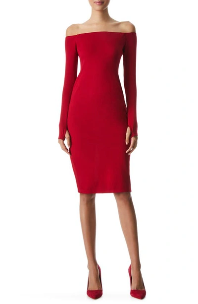 Alice And Olivia Dorinda Off The Shoulder Long Sleeve Knit Dress In Deep Ruby