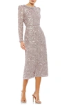 Mac Duggal Embellished High Neck Puff Sleeve Midi Dress In Mauve