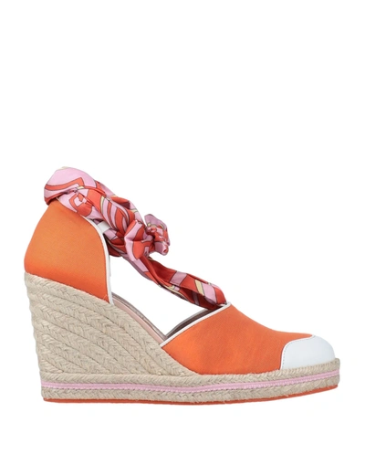 Emilio Pucci Leather-trimmed Printed Twill And Grosgrain Wedge Espadrilles In Bright Orange