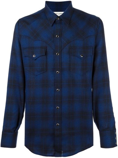 Saint Laurent Western Shirt In Navy Blue And Ink Blue Plaid Cotton And Elastane