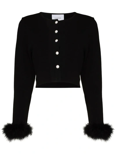 Sleeper Cropped Feather Cardigan In Black