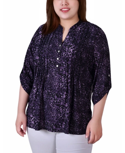 Ny Collection Plus Size 3/4 Roll Tab Sleeve Y-neck Top In Animal