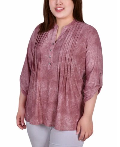 Ny Collection Plus Size 3/4 Roll Tab Sleeve Y-neck Top In Mauve Tie Dye