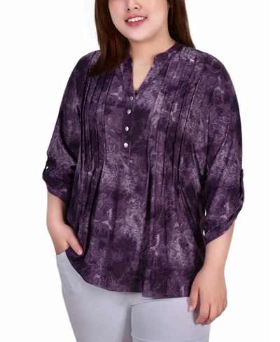 Ny Collection Plus Size 3/4 Roll Tab Sleeve Y-neck Top In Purple Tie Dye
