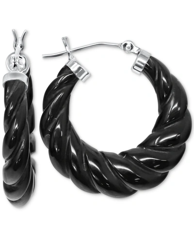 Macy's Black Agate Twist Small Hoop Earrings In Sterling Silver