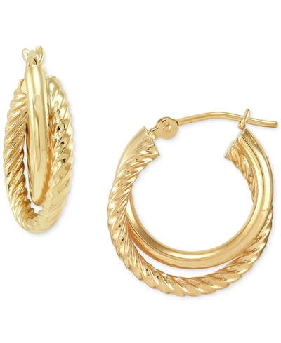 Macy's Twisted & Smooth Small Hoop Earrings In 14k Gold, 15mm