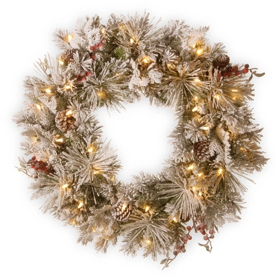 National Tree Company 30" Snowy Bedford Pine Wreath With Cedar Leaves, Red Berries, Mixed Cones & 70 Warm White Battery Op