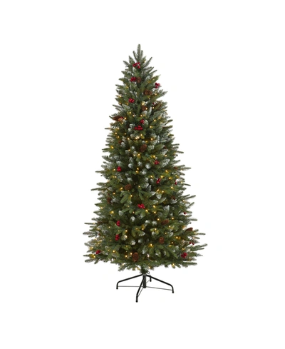 Nearly Natural Snow Tipped Portland Spruce Artificial Christmas Tree With Frosted Berries And Pinecones With 300 Cl In Green