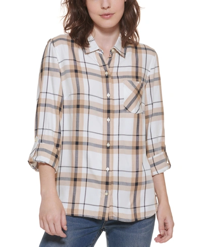 Tommy Hilfiger Plaid Utility Shirt, Created For Macy's In Tan Multi