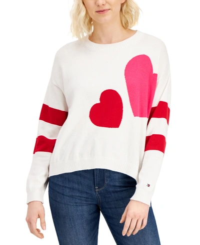 Tommy Hilfiger Cropped Double-heart Sweater In Brght Wht Mlti