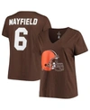 FANATICS WOMEN'S BAKER MAYFIELD BROWN CLEVELAND BROWNS PLUS SIZE NAME AND NUMBER V-NECK T-SHIRT