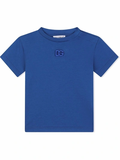 Dolce & Gabbana Babies' Embroidered Logo Cotton T-shirt In Blue
