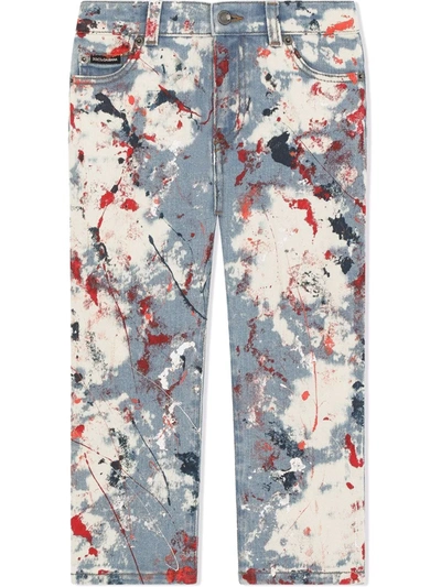 Dolce & Gabbana Kids' Paint Splatter-print Straight Leg Jeans In Blue