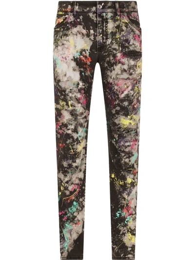 Dolce & Gabbana Paint-print Slim Fit Jeans In Black