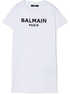 Balmain Kids' Sequin Logo Cotton T-shirt Dress In White