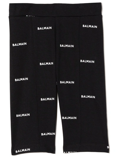 Balmain Teen Logo Print Cotton Leggings In Black