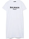 Balmain Kids' Sequin Logo Cotton T-shirt Dress In White