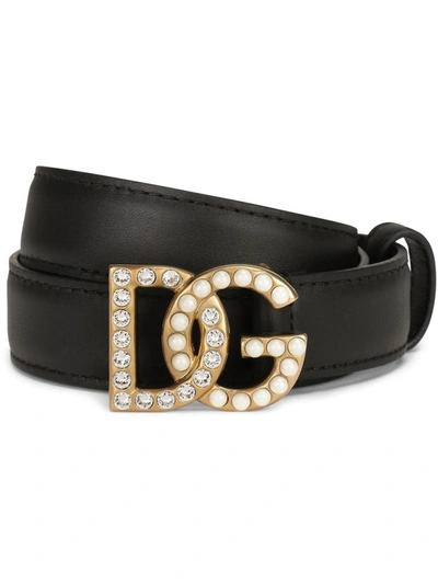 Dolce & Gabbana Black Belt With Dg Logo Buckle With Pearls And Rhinestones In Smooth Leather Woman