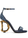 Dolce & Gabbana Patchwork Denim Sandals With Baroque Dg Heel In Blue