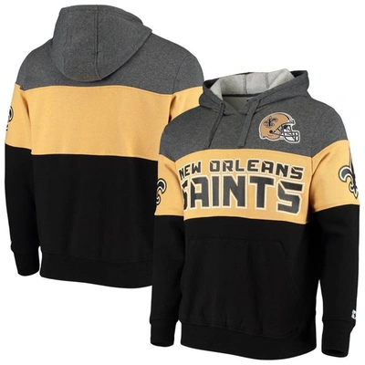 Starter Men's Heathered Gray, Gold New Orleans Saints Extreme Fireballer Pullover Hoodie In Black,heather Gray