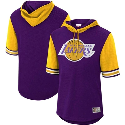 MITCHELL & NESS MITCHELL & NESS PURPLE LOS ANGELES LAKERS HARDWOOD CLASSICS BUZZER BEATER MESH PULLOVER HOODIE