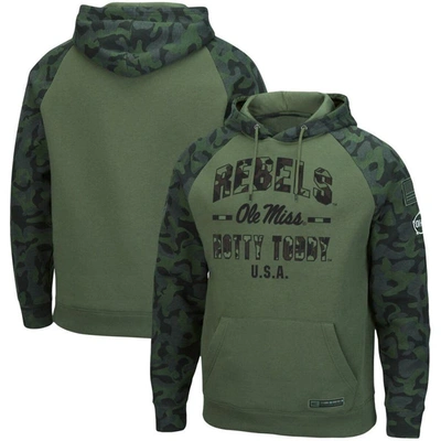 Colosseum Men's  Olive, Camo Ole Miss Rebels Oht Military-inspired Appreciation Raglan Pullover Hoodi In Olive,camo