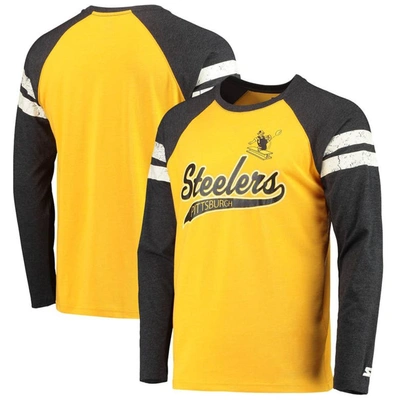 Starter Men's Gold-tone, Black Pittsburgh Steelers Throwback League Raglan Long Sleeve Tri-blend T-shirt In Gold-tone,black