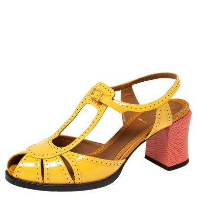 Pre-owned Fendi Yellow/pink Patent And Lizard Embossed Leather