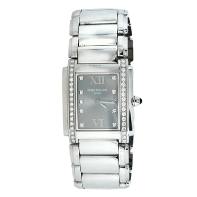 Pre-owned Patek Philippe Grey Stainless Steel Diamond Twenty-4 4910/10a-010 Women's Wristwatch 25 Mm