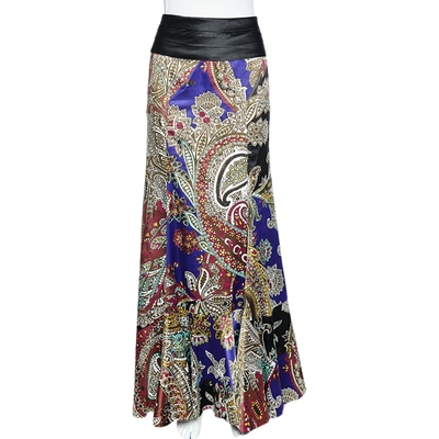 Pre-owned Just Cavalli Multicolor Printed Satin Ruffle Detail Maxi Skirt S