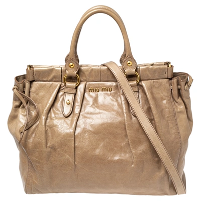 Pre-owned Miu Miu Beige Leather Gathered Tote