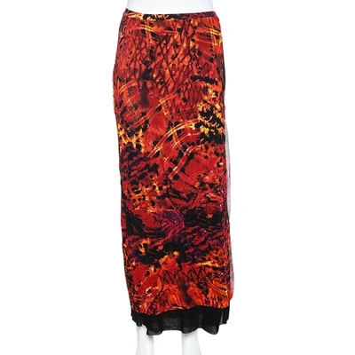 Pre-owned Kenzo Orange Printed Jersey Skirt L