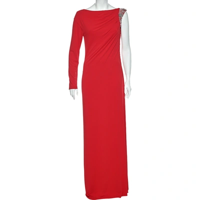 Pre-owned Class By Roberto Cavalli Coral Red Jersey Draped Detail Maxi Dress L