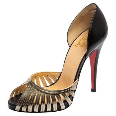 Pre-owned Christian Louboutin Black/gold Leather And Metal Corpus Peep-toe Pumps Size 37