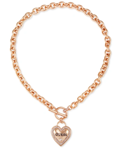 Guess My Sparkly Valentine Logo Heart Pendant 17" Toggle Necklace In Gold