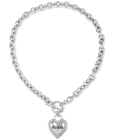 Guess My Sparkly Valentine Logo Heart Pendant 17" Toggle Necklace In Silver
