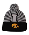 TOP OF THE WORLD MEN'S BLACK IOWA HAWKEYES LINE UP CUFFED KNIT HAT WITH POM