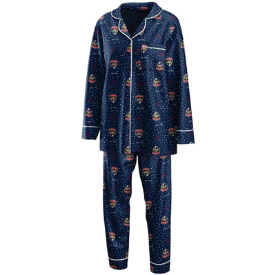 Wear By Erin Andrews Women's Navy Florida Panthers Long Sleeve Button-up Shirt And Pants Sleep Set