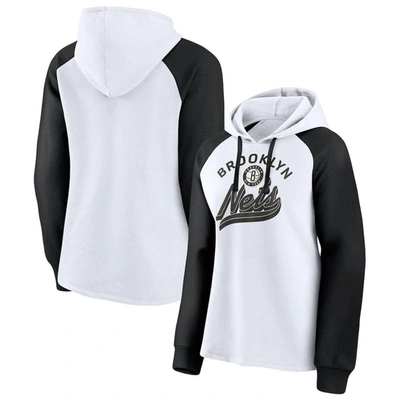 Fanatics Women's  Branded White And Black Brooklyn Nets Record Holder Raglan Pullover Hoodie In White,black