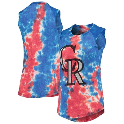 Majestic Women's  Threads Red And Blue Colorado Rockies Tie-dye Tri-blend Muscle Tank Top In Red,blue