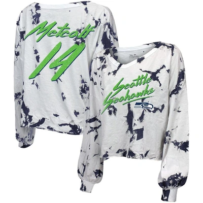 MAJESTIC MAJESTIC THREADS DK METCALF WHITE SEATTLE SEAHAWKS OFF-SHOULDER TIE-DYE NAME & NUMBER LONG SLEEVE V-
